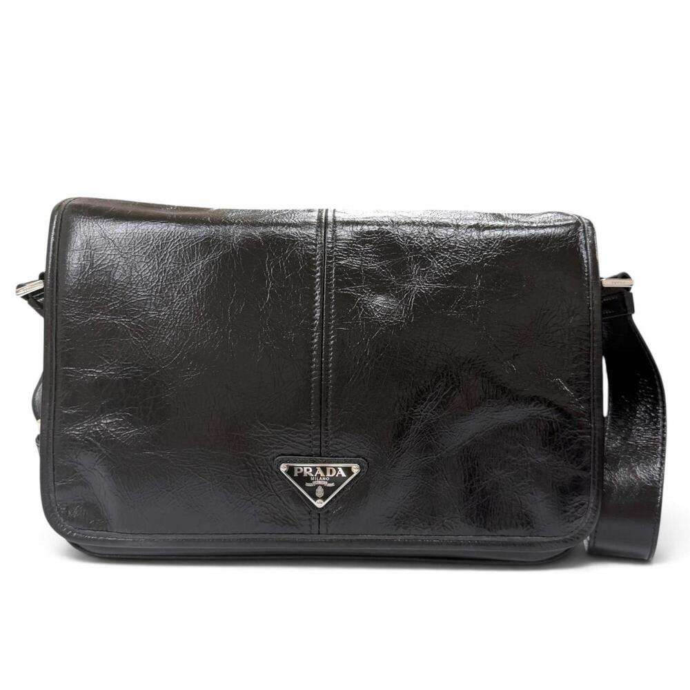 PRADA 2VD073 Soft Looks Leather Triangle Logo Shoulder Bag, Black, Made in It...
